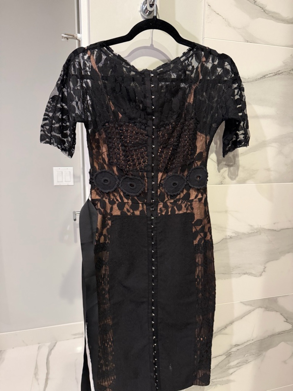 Byron Lars Black Lace Midi Dress with Crochet Waist Accents